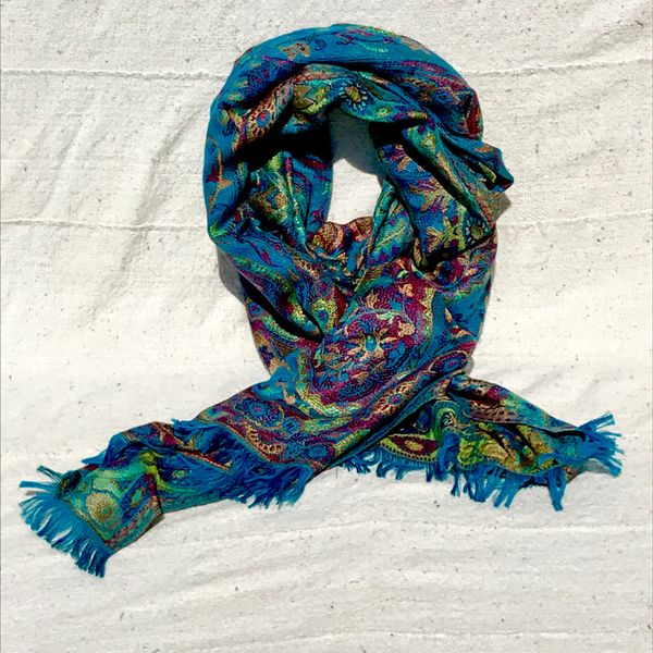 100% SILK JAMAWAR KASHMIRI STOLE SHAWL SCARF IN DARK BLUE RED GREEN AND YELLOW