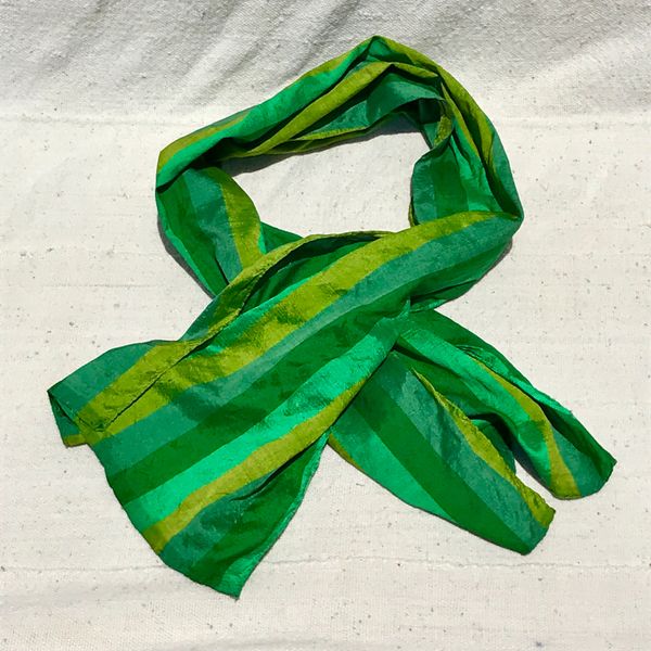 100% SILK STRIPED GREEN SCARF WITH SOME MINOR SPOTTING