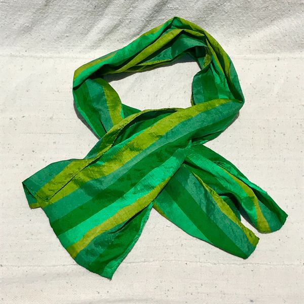 SOLD 100% SILK STRIPED GREEN SCARF WITH SOME MINOR SPOTTING