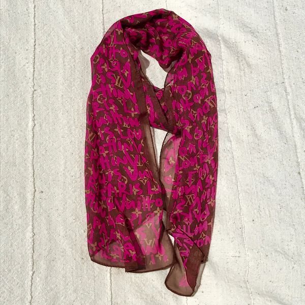 LOUIS VUITTON STEPHEN SPROUSSE MONOGRAM PINK BROWN SHEER SHAWL STOLE SCARF UNKNOWN AUTHENTICITY