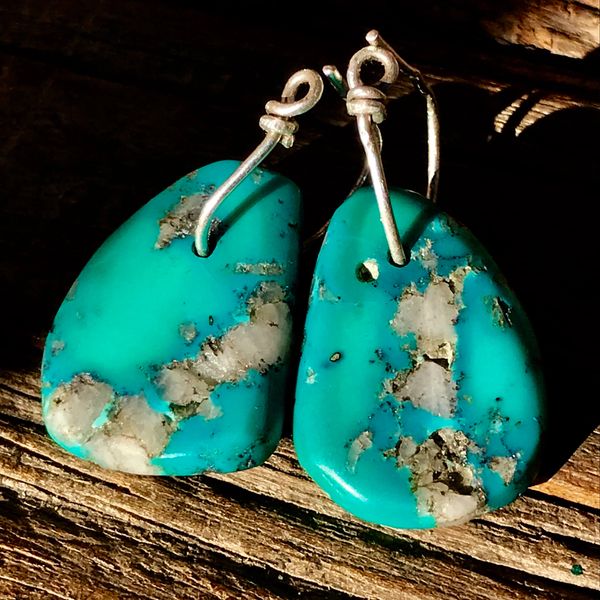 SOLD 1800s or EARLIER BIG THICK NEON BLUE TURQUOISE TAB EARRINGS WITH QUARTZ CRYSTAL & ATELIER MADE SILVER HOOPS