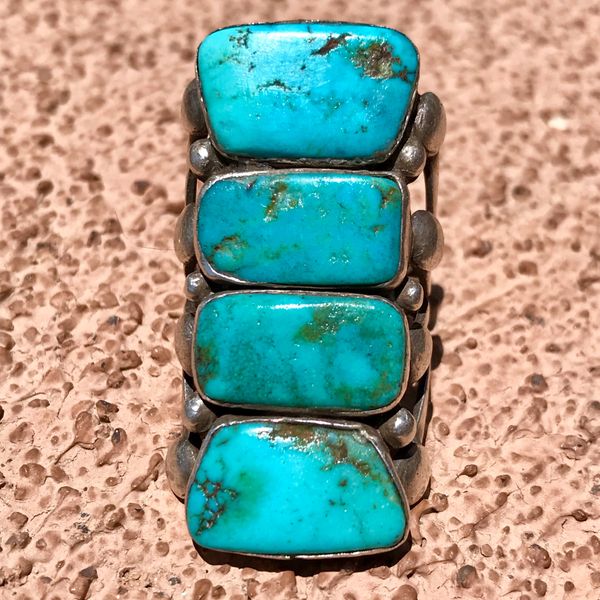 SOLD REPAIRED 4 STOPLIGHT BLUE TURQUOISE INGOT SILVER FINGER LONG RING