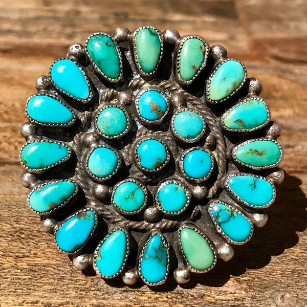 1940s HUGE ROUND PETIT POINT BLUE & GREEN TURQUOISE SILVER CLUSTER TING