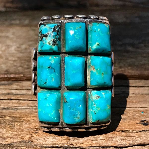 SOLD 1940s 9 STONE ZUNI BLUE GEM ROYSTON TURQUOISE & SANDCAST SILVER HEAVY CLUSTER RING