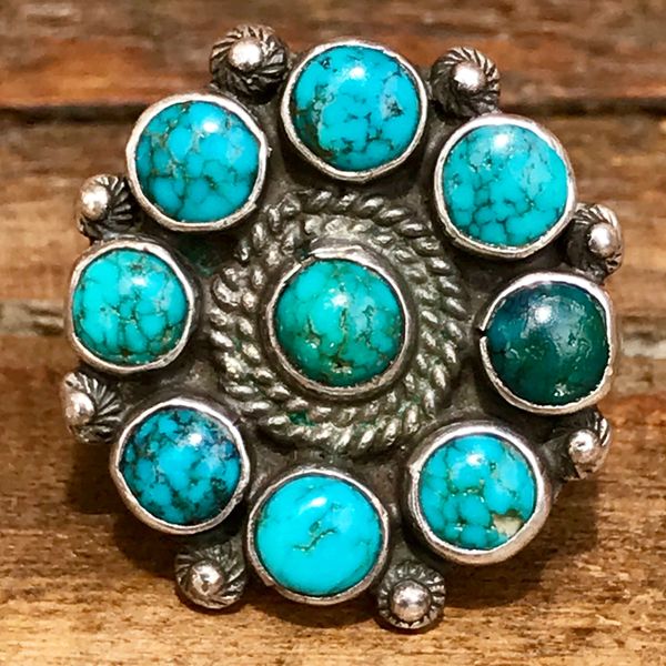 SOLD 1930s ROUND SILVER BLUE & GREEN SPIDERWEB TURQUOISE ZUNI CLUSTER PETIT POINT PINKY RING