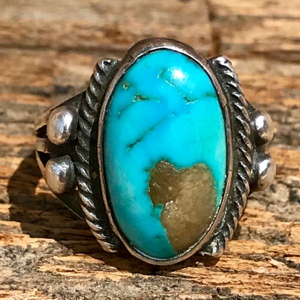 1920s BLUE OVAL TURQUOISE IGNOT SILVER PINKY RI G WITH TWISTED ROPE