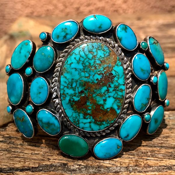 SOLD 1930s WIDE VIVID NEON BLUE GEM & SPIDERWEB SILVER CUFF BRACELET