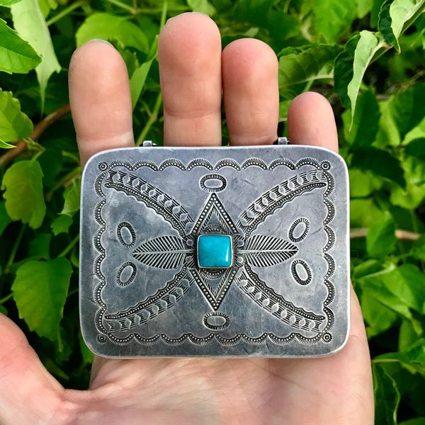 SOLD 1920s BIG SILVER VIVID BLUE TURQUOISE STAMPED PILL BOX