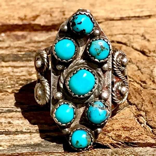 SOLD 1920s ZUNI CLUSTER PETIT POINT BLUE TURQUOISE ROUND STONES HANDCUT BEZELS SILVER PINKY RING