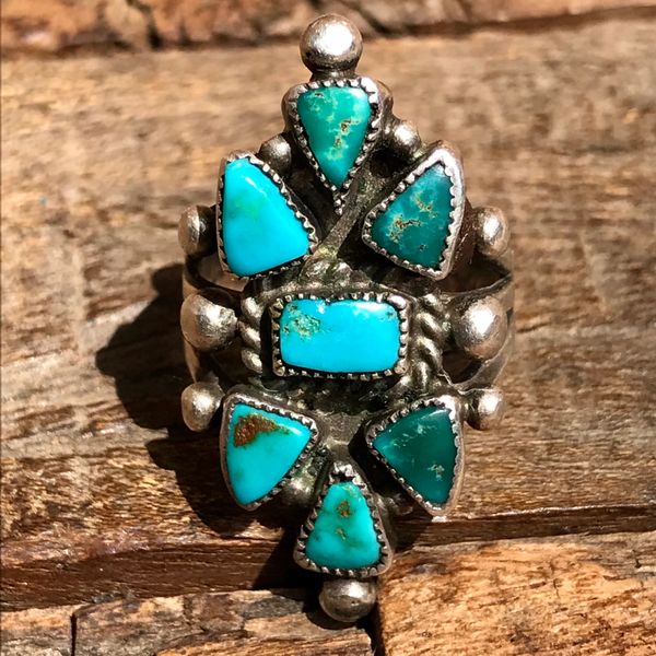 SOLD 1930s ZUNI CLUSTER PETIT POINT GREEN & BLUE TURQUOISE SILVER PINKY RING