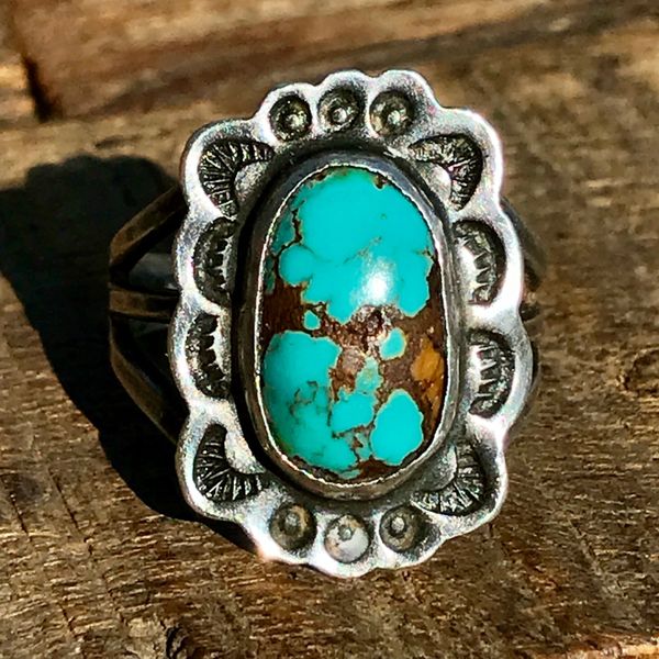 SOLD 1920s BLUE OVAL TURQUOISE STAMPED SILVER PINKY RING