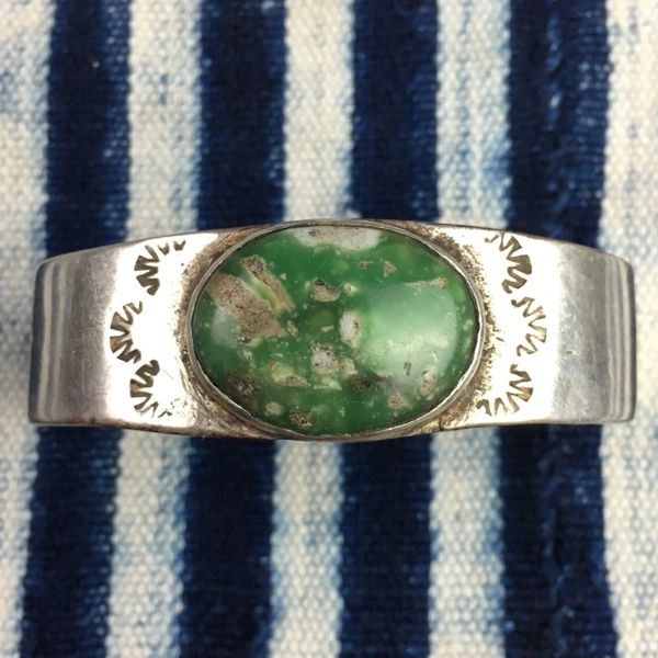 SOLD 1920s BIG WRIST THICK HEAVY WIDE INGOT SILVER STAMPED CUFF WITH OVAL GREEN TURQUOISE STONE WITH QUARTZ MATRIX INCLUSIONS