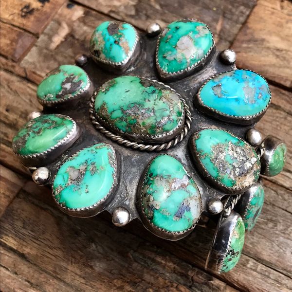 SOLD 1950s HUMONGOUS ZUNI CLUSTER BLUE & GREEN TURQUOISE WITH QUARTZ MATRIX INCLUSIONS SILVER CUFF BRACELET BIG WRIST