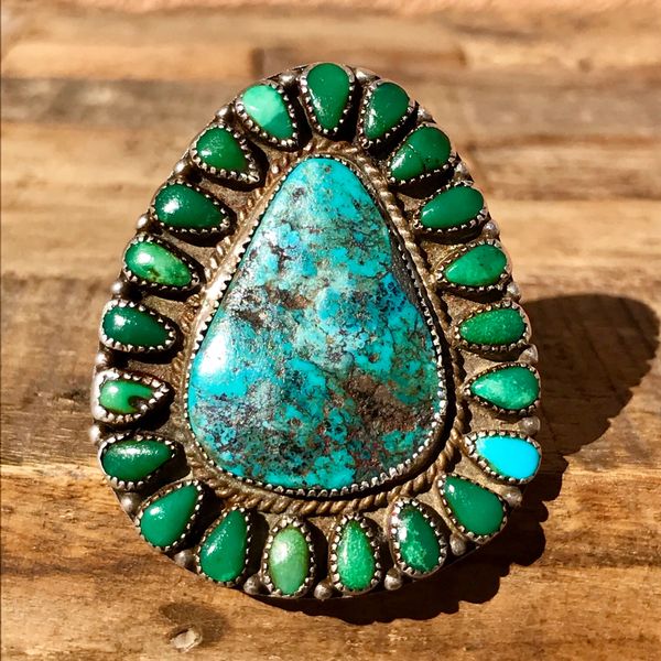 SOLD 1940s PILOT MOUNTAIN AND CERILLOS TURQUOISE GINORMOUS ZUNI PETIT POINT CLUSTER RING