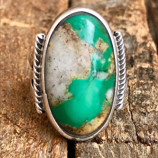 SOLD 1920s OVAL GREEN TURQUOISE WITH QUARTZ SILVER RING
