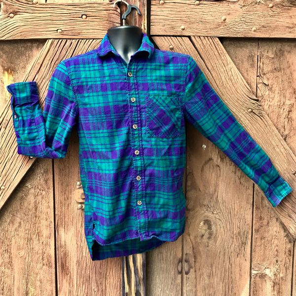 purple and green flannel shirt