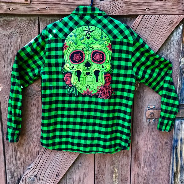 SOLD NEON GREEN BUFFALO CHECK FLANNEL PLAID COTTON WESTERN BLACK SNAP SUGAR SKULL SHIRT