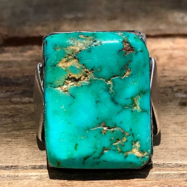 SOLD 1930s HUGE ROYSTON BLUE TURQUOISE RECTANGLE MENS INGOT SILVER RING