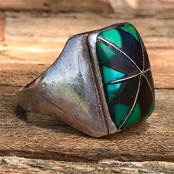 SOLD 1950s ZUNI MENS JET & GREEN TURQUOISE BIG SANDCAST SILVER RING