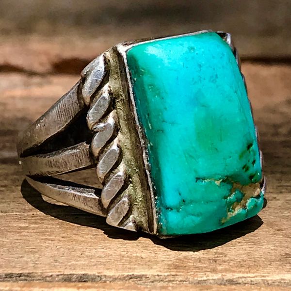 SOLD 1920s INGOT SILVER RECTANGLE VIVID BLUE GREEN ROYSTON TURQUOISE RING