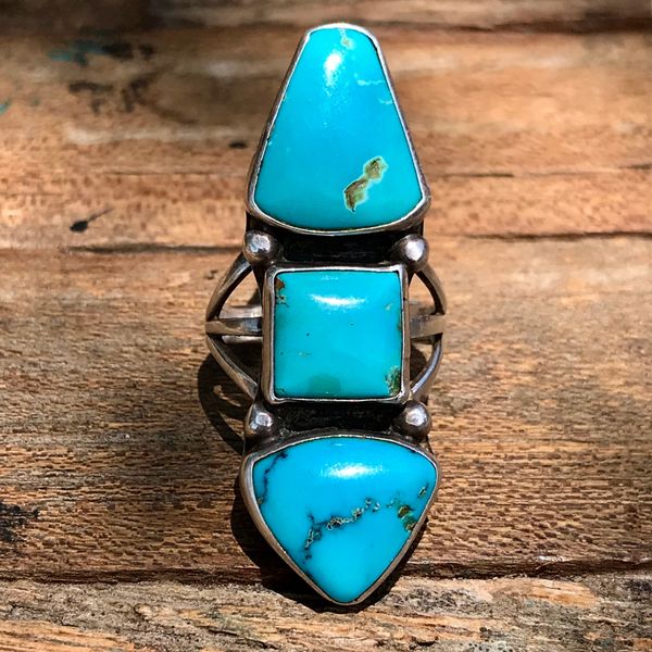 SOLD 1920s FINGER LONG THREE DEEP BRIGHT LIGHT BLUE TURQUOISE STONE INGOT SILVER RING
