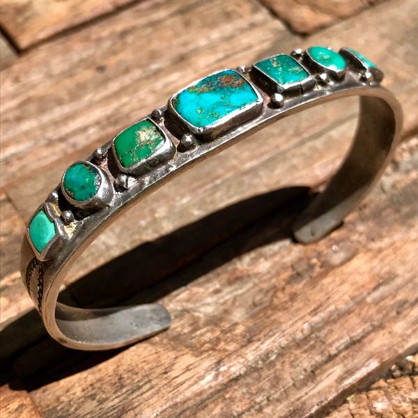 SOLD 1910s STAMPED INGOT SILVER BLUE GEM TURQUOISE ROW CUFF BRACELET GREEN & BLUE 7 STONES