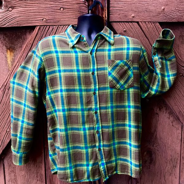 SOLD 1990s GRUNGE ERA PLAID FLANNEL GREEN BROWN BLUE COTTON SHIRT