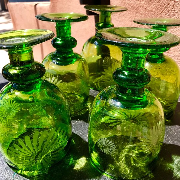 SOLD 1970s BIG HEAVY BRIGHT GREEN HANDBLOWN MEXICAN GLASS GOBLET GLASSES SET