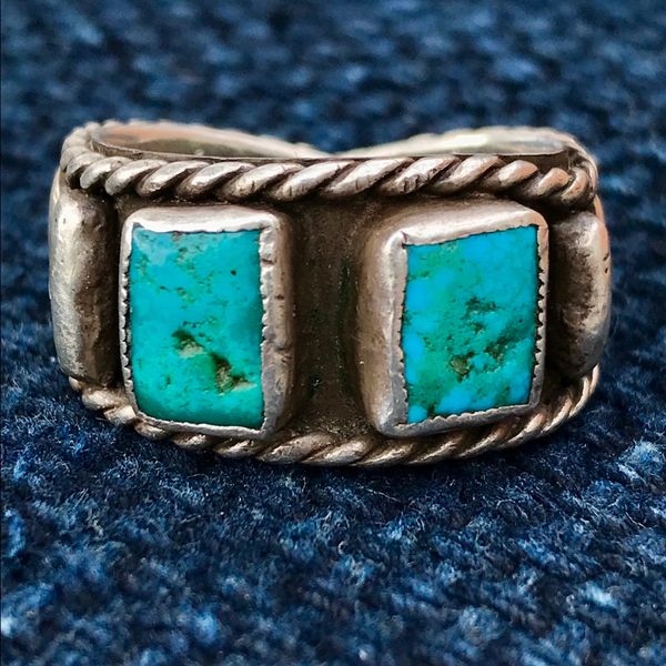 SOLD 1970s LARGE FINGER BAND SILVER TURQUOISE BAND 2 BLUE STONES