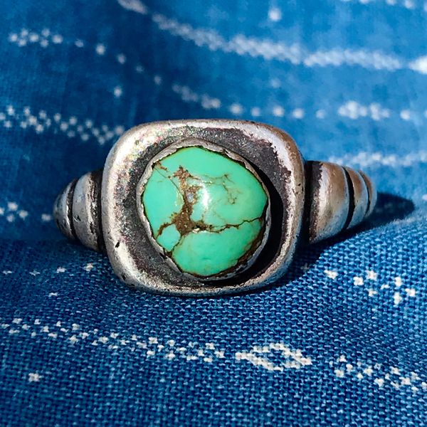SOLD 1890s SANDCAST FILED BAND SILVER TURQUOISE RING