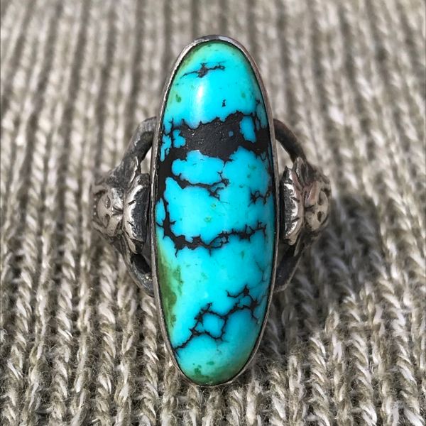 SOLD HARD TO DATE VICTORIAN OR DECO ERA NUDE INDIAN MAIDEN SANDCAST SILVER OVAL TURQUOISE RING