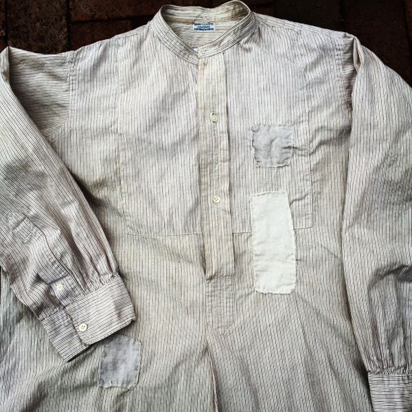 SOLD THIN FRENCH 1880s BANDED COLLAR BORO PATCHWORK SOFT GRANDAD SHIRT