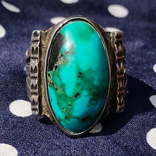 SOLD 1930s OVAL BLUE GREEN TURQUOISE INGOT SILVER STAMPED RING