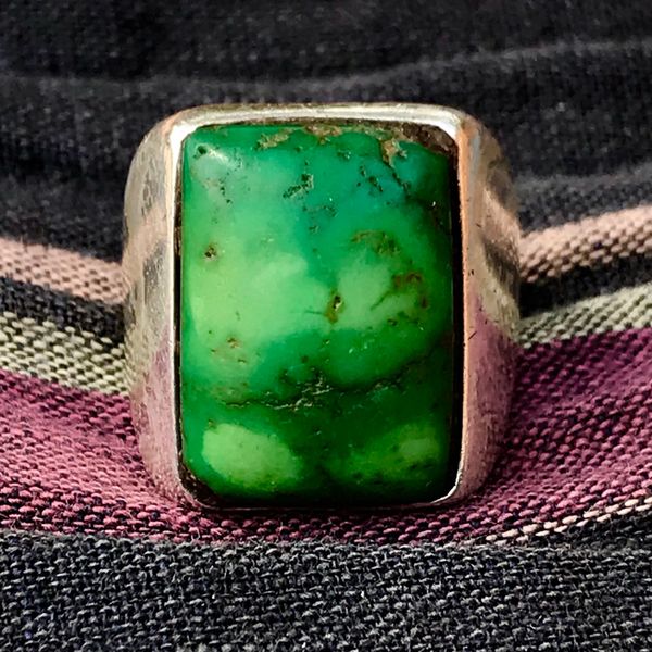 SOLD 1940s SANDCAST RECTANGLE CERILLOS GREEN TURQUOISE WIDE BAND MENS RING