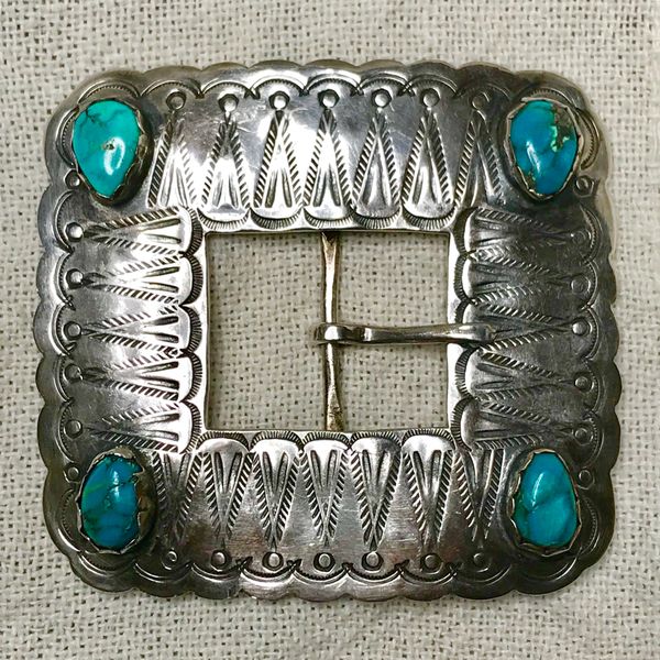 SOLD 1920s HUGE BLUE TURQUOISE INGOT SILVER STAMPED BELT BUCKLE