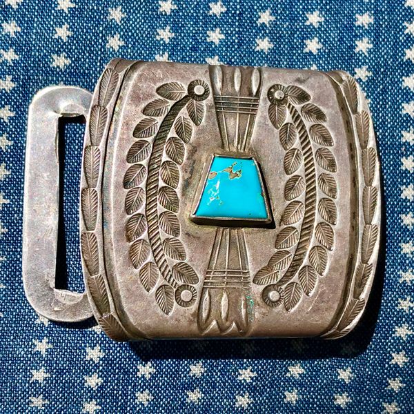 SOLD 1910s BARLEY WHEAT BUSHEL STAMPED TURQUOISE SILVER ARTICULATED BELT BUCKLE
