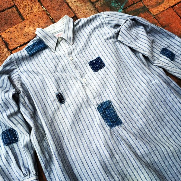 SOLD FRENCH WORKWEAR STRIPED INDIGO BORO PATCHED 1910s GRANDAD SHIRT