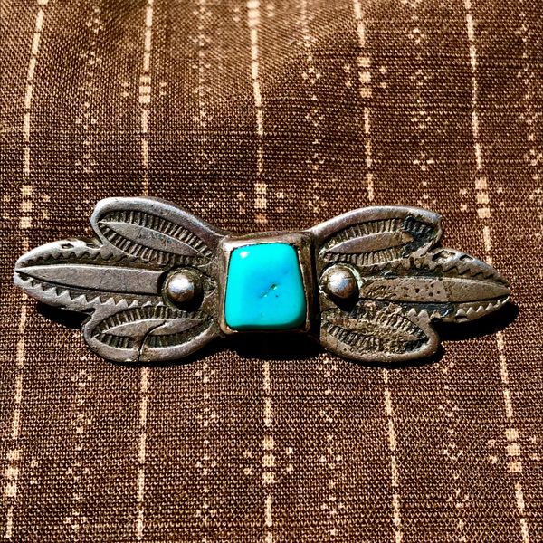 SOLD 1890s RARE BUTTERFLY TURQUOISE STAMPED INGOT SILVER MANTA PIN