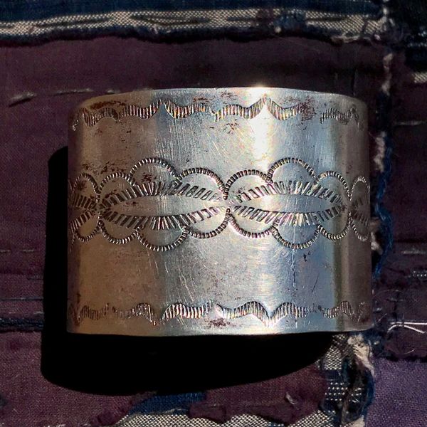 SOLD 1920s FRED HARVEY ERA WIDE SIMPLE STAMPED SILVER CUFF BRACELET