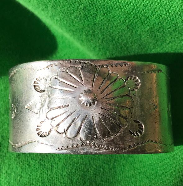 SOLD UNKNOWN AGE WIDE THICK HEAVY REPOUSSE’ STAMPED INGOT SILVER CUFF BRACELET