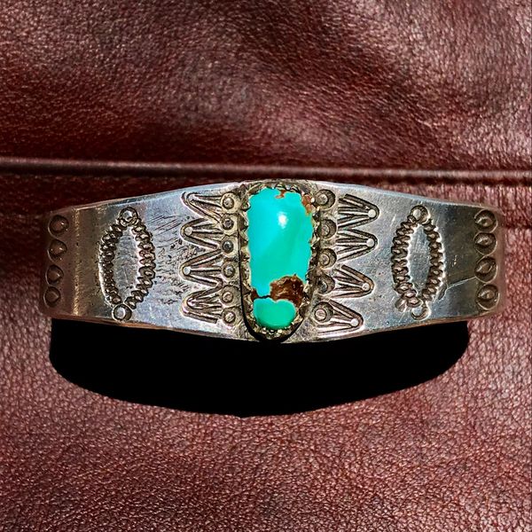 1890s EARLY STAMPED HANDCUT SAWTOOTH BEZEL INGOT SILVER BLUE GREEN TURQUOISE STONE CUFF BRACELET