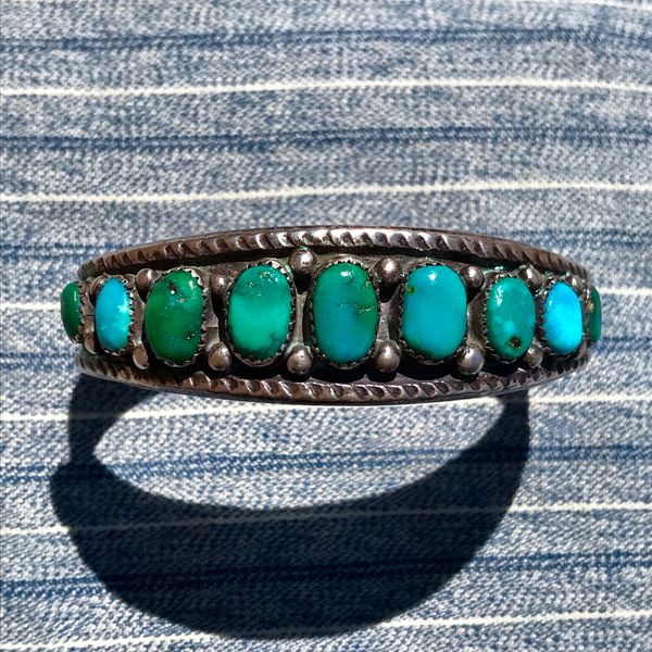 SOLD 1930s CHISELED, FILED & STAMPED INGOT SILVER CUFF BRACELET WITH 9 BLUE & GREEN OVAL TURQUOISE STONES