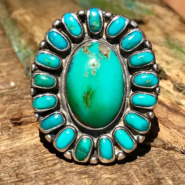 SOLD 1930s ZUNI OVAL GREEN & BLUE TURQUOISE PETIT POINT CLUSTER SILVER RING