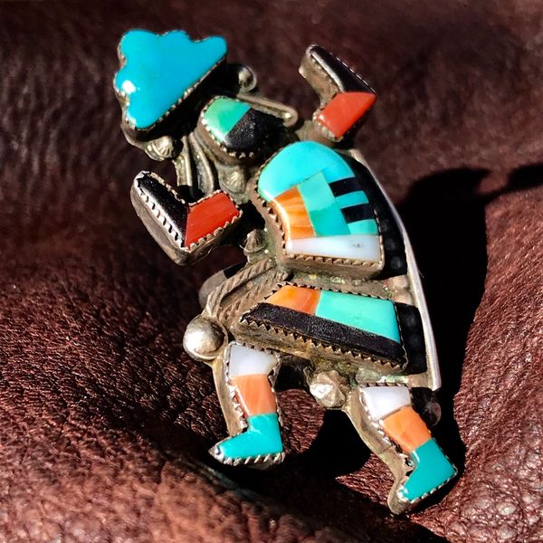 SOLD 1950s ZUNI INLAY RAINBOWMAN KACHINA SILVER TURQUOISE CORAL ETC. RING
