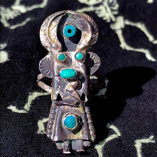 SOLD 1950s SMALL LONG KACHINA SIGNED SILVER TURQUOISE RINGS