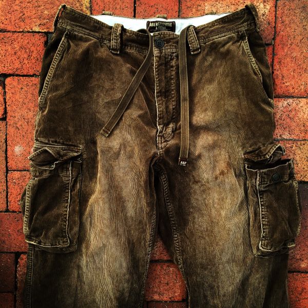 SOLD ABERCROMBIE & FITCH 1990s FADED DISTRESSED BROWN CORDUROY CARGO PANTS