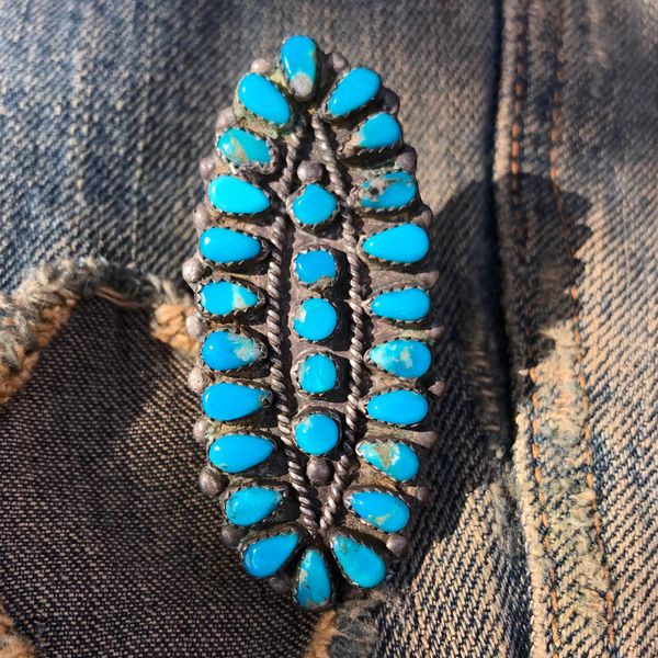 SOLD 1950s HUGE LONG ZUNI PETIT POINT DARK NEON BLUE TURQUOISE CLUSTER SILVER FINGER LONG RING