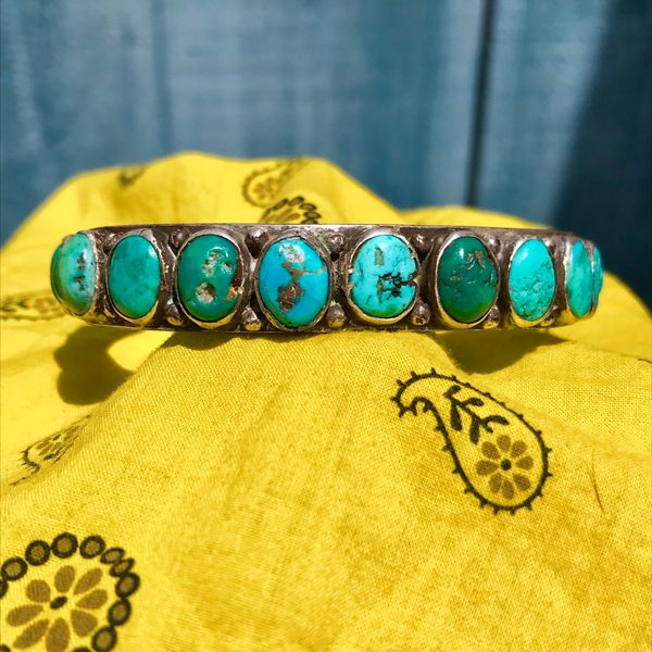 SOLD 1920s PUEBLO INDIAN STAMPED HEAVY INGOT SILVER GREEN & BLUE 15 STONE TURQUOISE CUFF BRACELET