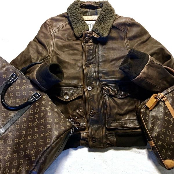 SOLD EXTINCT BRAND RUEHL 925 (A&F) COTTON PLAID LINED LEATHER BOMBER JACKET WITH CARGO POCKETS