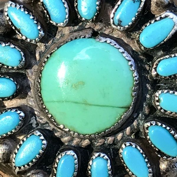 SOLD 1930s UNCRACKED ZUNI CLUSTER PETIT POINT GREEN & BLUE TURQUOISE SILVER INGOT PINKY RING
